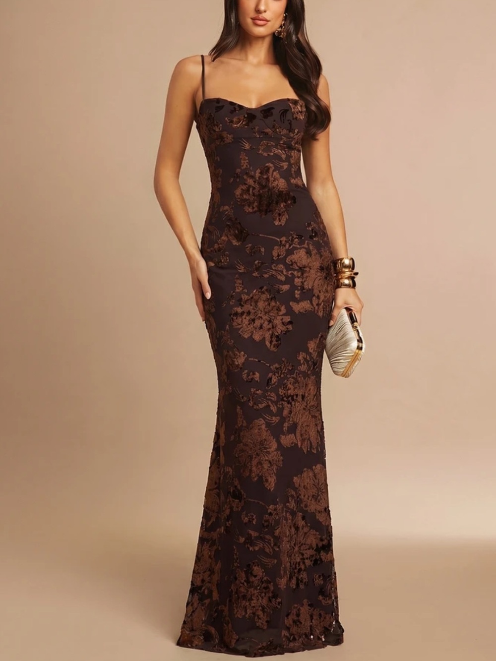 Luxe Brown Spaghetti Straps Fitted Party Formal Evening Gown Deess